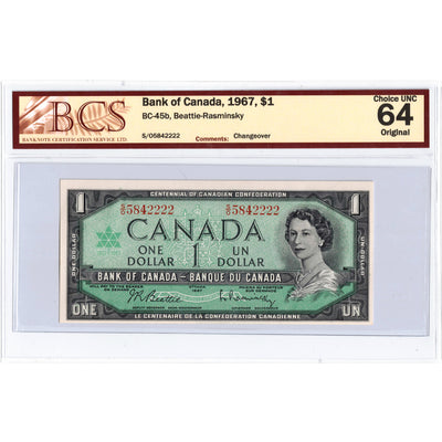 SOLD $1 1967 Bank of Canada Note Beattie-Rasminsky S/O Prefix BC-45b - BCS Ch UNC-64