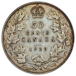 Canada 1929 50 Cents Half Dollar Silver Coin - Very Fine