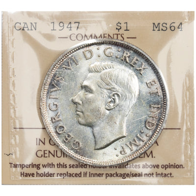 Canada 1947 Blunt 7 $1 Silver Dollar Coin - ICCS MS-64