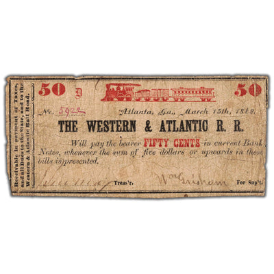 United States 1862 The Western & Atlantic Railroad 50 Cents Note