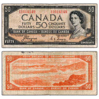 SOLD $50 1954 Bank of Canada Note Devil Face A/H Prefix BC-34a - Circulated