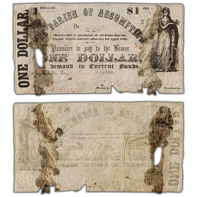 United States 1862 The Parish of Assumption $1 Note - Damaged