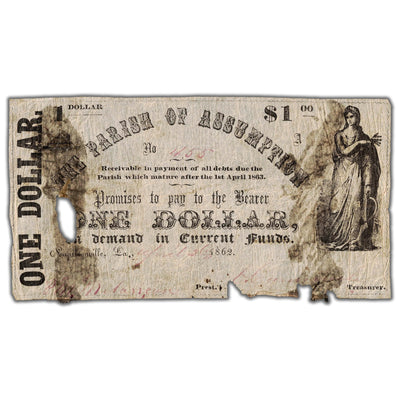 United States 1862 The Parish of Assumption $1 Note - Damaged