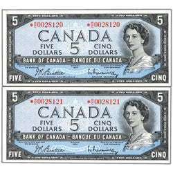 $5 1954 Bank of Canada Notes *R/C Replacement Prefix BC-39bA - 2 Consecutive AU