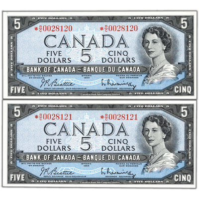 SOLD $5 1954 Bank of Canada Notes *R/C Replacement Prefix BC-39bA - 2 Consecutive AU