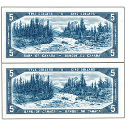 $5 1954 Bank of Canada Notes *R/C Replacement Prefix BC-39bA - 2 Consecutive AU