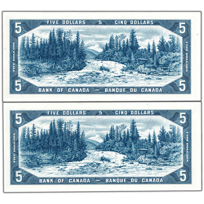 SOLD $5 1954 Bank of Canada Notes *R/C Replacement Prefix BC-39bA - 2 Consecutive AU