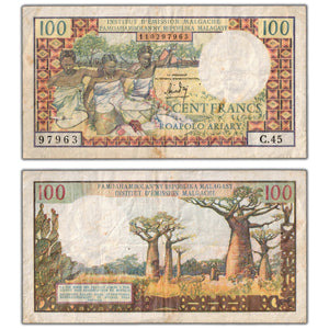 SOLD Madagascar ND (1966) 100 Francs Note P #57a - Pinholes