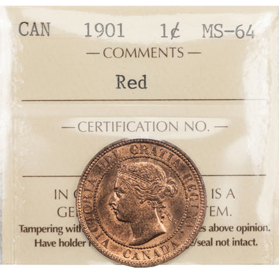 SOLD Canada 1901 1 Large Cent Coin - ICCS MS-64 Red
