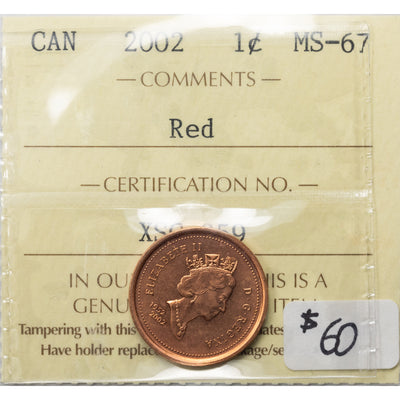 SOLD Canada 2002 1 Small Cent Coin - ICCS MS-67 Red