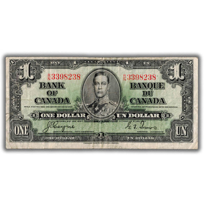 $1 1937 Bank of Canada Note Coyne-Towers R/N Prefix BC-21d - Small Tear