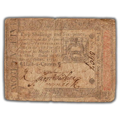 SOLD United States Pennsylvania 1773 Half-a-Crown 2s6d Colonial Note PA #188 - Low Grade Filler