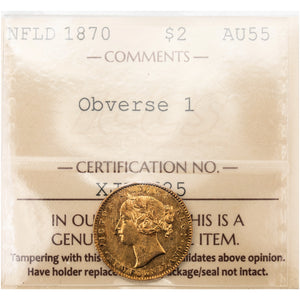 SOLD Newfoundland 1870 Obverse 1 $2 Two Dollars Gold Coin - ICCS AU-55