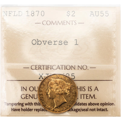 SOLD Newfoundland 1870 Obverse 1 $2 Two Dollars Gold Coin - ICCS AU-55
