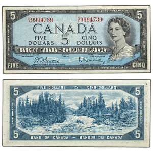 SOLD $5 1954 Bank of Canada Note Beattie-Rasminsky N/X Prefix BC-39b - EF/AU