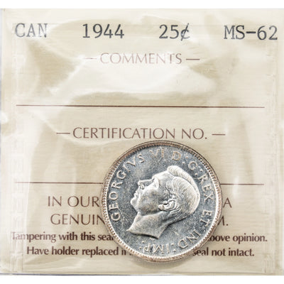 Canada 1944 25 Cents Quarter Silver Coin - ICCS MS-62