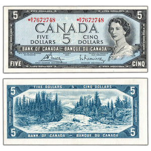 SOLD $5 1954 Bank of Canada Note *R/X Replacement Above 7.54M BC-39cA - EF (pressed)