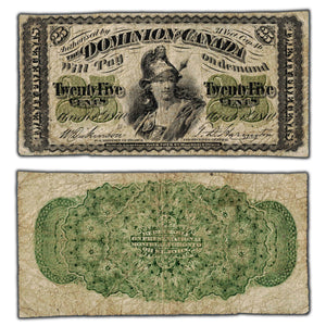 SOLD 25 Cents 1870 Dominion of Canada Shinplaster Note Letter 'B' DC-1b - Pinholes