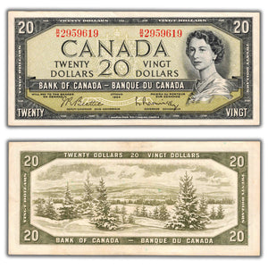 SOLD $20 1954 Bank of Canada Note Beattie-Rasminsky B/W Prefix BC-41b - EF