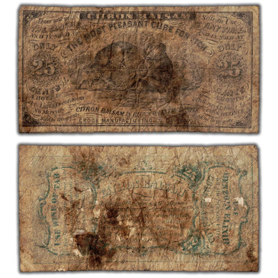 United States 1867-75 Citron Balsam 25 Cents Note - Filler (stained/tear)
