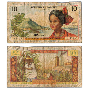 SOLD French Antilles ND (1964) 10 Ten Francs Note P #8a - Circulated (tear)
