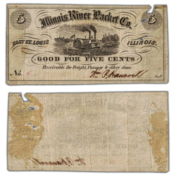 United States 1850-60's Illinois River Packet Co. 5 Cents Note - Damaged