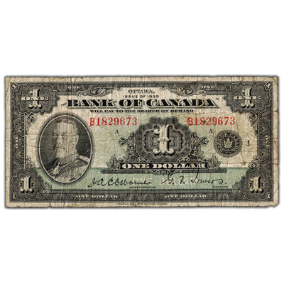 $1 1935 Bank of Canada Note English Text Letter 'B' BC-1 - VG (staple hole)