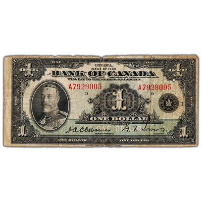 $1 1935 Bank of Canada Note English Text Letter 'A' BC-1 - VG/F