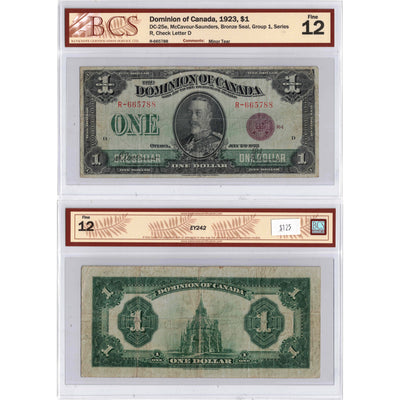 $1 1923 Dominion of Canada Note Bronze Seal Series R DC-25e - BCS F-12