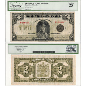 SOLD $2 1923 Dominion of Canada Note Black Seal Series U DC-26j - Legacy VF-25