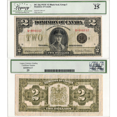 SOLD $2 1923 Dominion of Canada Note Black Seal Series U DC-26j - Legacy VF-25
