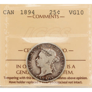 SOLD Canada 1894 25 Cents Quarter Silver Coin - ICCS VG-10