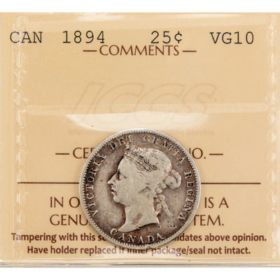 Canada 1894 25 Cents Quarter Silver Coin - ICCS VG-10