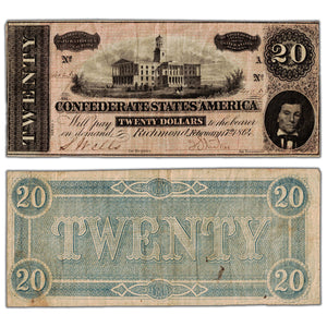 SOLD United States 1864 Confederate State of America $20 Twenty Dollars Note