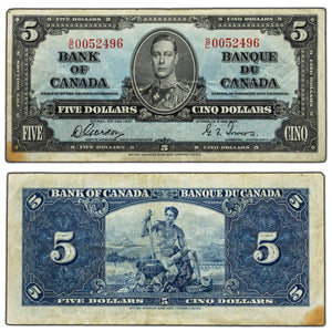 SOLD $5 1937 Bank of Canada Note Gordon-Towers S/C Prefix BC-23b - VF (stain)