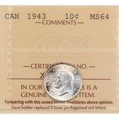 Canada 1943 10 Cents Dime Silver Coin - ICCS MS-64