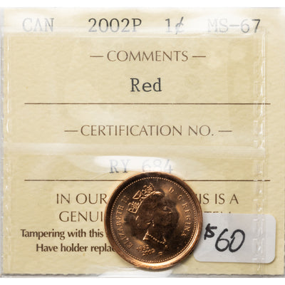 Canada 2002P 1 Small Cent Coin - ICCS MS-67 Red