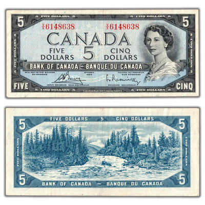 $5 1954 Bank of Canada Note Bouey-Rasminsky V/X Prefix BC-39c - VF