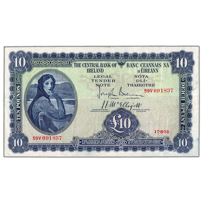 SOLD Ireland 1951 10 Ten Pounds Note P #59b - VF/VF+