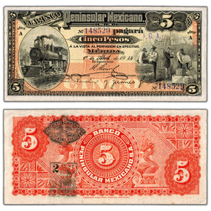 SOLD Mexico El Banco Peninsular Mexicano 1914 5 Five Pesos Note P #S465a - VF+