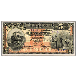 Mexico El Banco Peninsular Mexicano 1914 5 Five Pesos Note P #S465a - VF+