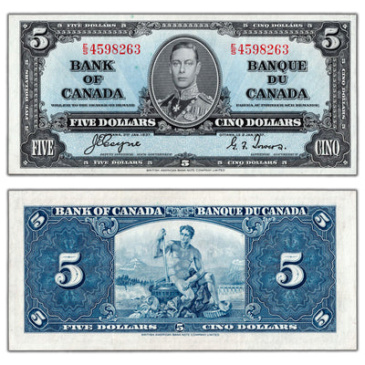 SOLD $5 1937 Bank of Canada Note Coyne-Towers E/S Prefix BC-23c - EF/AU
