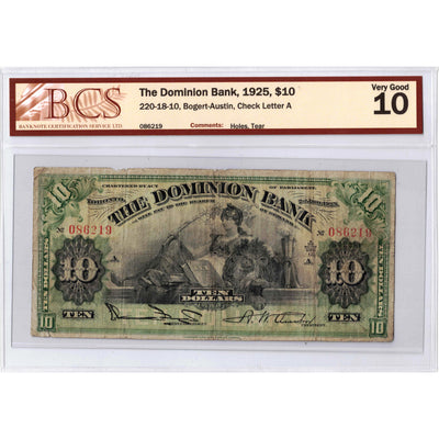 SOLD $10 1925 The Dominion Bank Canada Chartered Note #220-18-10 - BCS VG-10