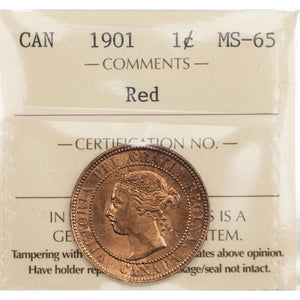 SOLD Canada 1901 1 Large Cent Coin - ICCS MS-65 Red