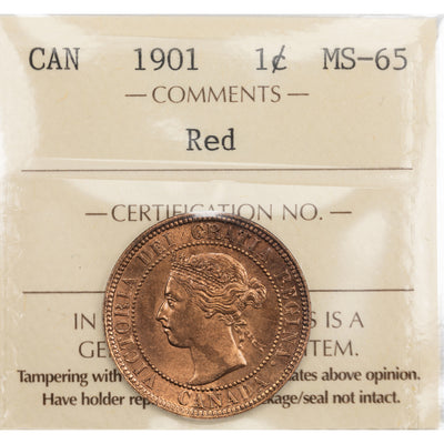 SOLD Canada 1901 1 Large Cent Coin - ICCS MS-65 Red