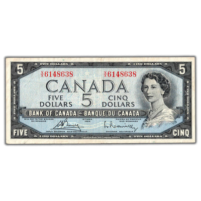 $5 1954 Bank of Canada Note Bouey-Rasminsky V/X Prefix BC-39c - VF