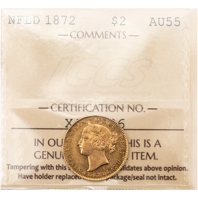 SOLD Newfoundland 1872 $2 Two Dollars Gold Coin - ICCS AU-55