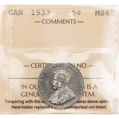 Canada 1933 5 Cents Nickel Coin - ICCS MS-60