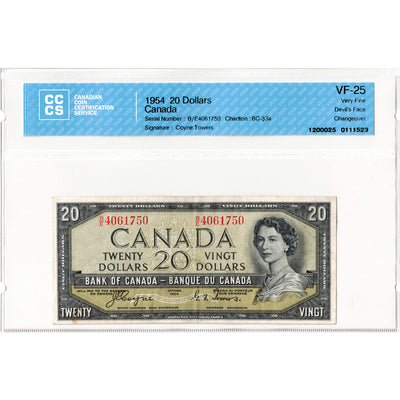 $20 1954 Bank of Canada Note Devil Face B/E Changeover Prefix BC-33a - CCCS VF-25