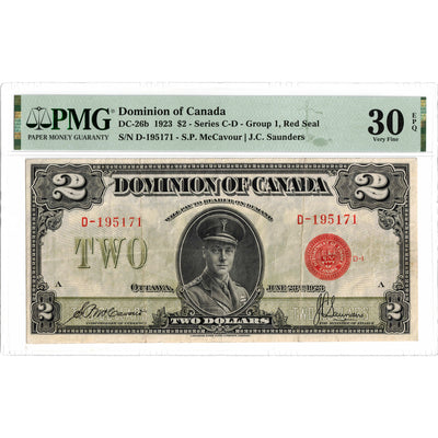 SOLD $2 1923 Dominion of Canada Note Red Seal Series D DC-26b - PMG VF-30 EPQ